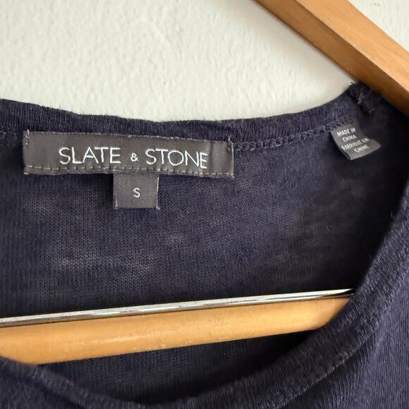 SLATE & STONE Men's navy Blue Linen Slub Chest Pocket Short Sleeve T Shirt Small - Picture 4 of 7